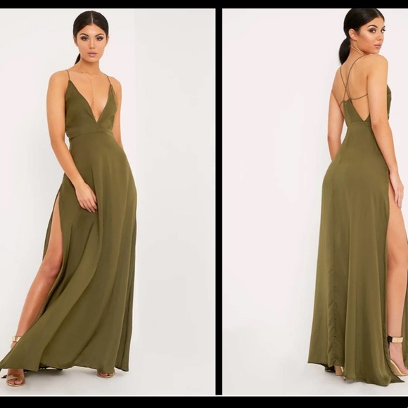 PrettyLittleThing Dresses & Skirts - Pretty little thing khaki green extreme slit strappy back maxi dress NEW